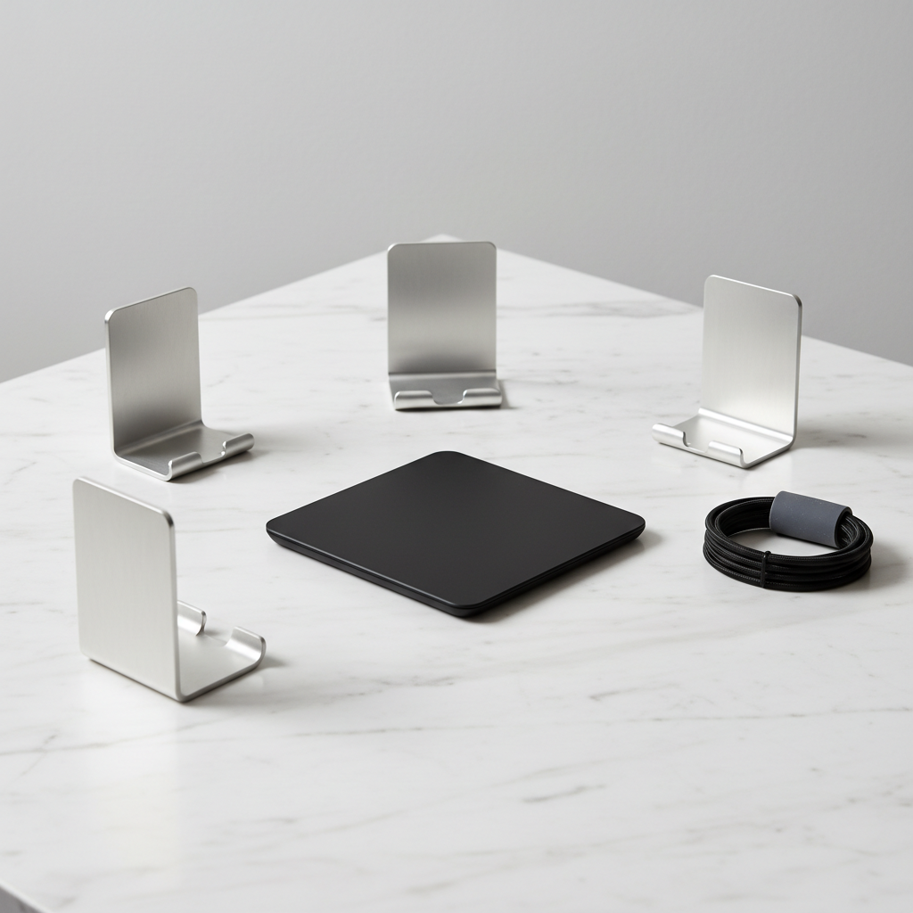 An ultra-slim wireless charging pad made from matte black anodized aluminum, centered on a tastefully organized white marble tabletop. Around it, a set of minimalist phone stand holders and a textured silicone cable keeper create a harmonious arrangement without visual clutter. Soft artificial studio lighting casts uniform illumination, creating gentle, barely-there shadows and emphasizing the pad’s smooth, uninterrupted surface. The mood is calm and efficient, with a sense of unwavering professionalism. Photographed at eye-level in a centered composition with sharp focus throughout, every detail of the accessories is crisp and clear. The image’s clean lines and neutral tones echo a streamlined, professional, and corporate visual language suitable for a high-end phone accessory store.