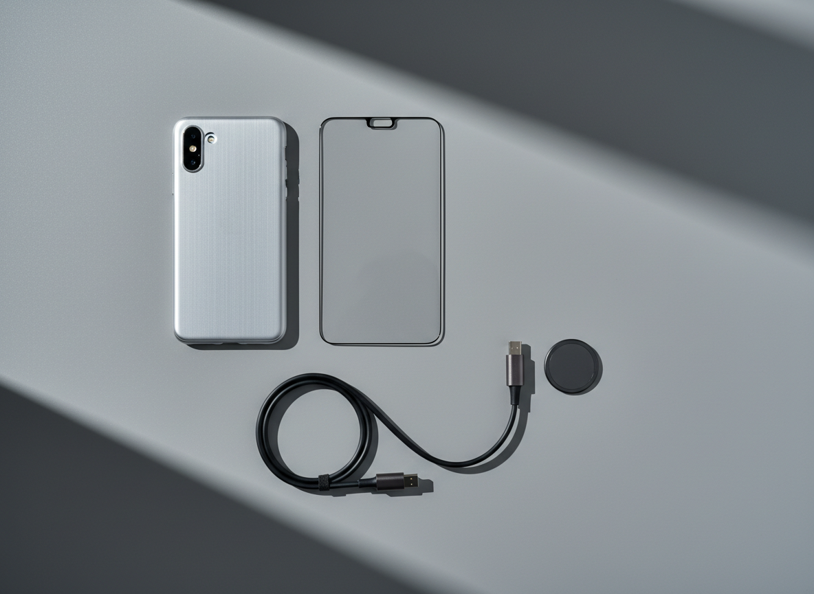 A meticulously arranged flat lay of high-end phone accessories, including a brushed aluminum phone case, a glass screen protector, and a sleek magnetic charging cable. The items rest on a matte-finish grey desk with crisp geometric shadows, and muted tones of silver, black, and charcoal dominate the color palette. Cool, diffused daylight filters in from the side, producing minimal glare and subtle highlights on metallic surfaces. The overall mood is polished and professional, conveying efficiency and a sense of cutting-edge technology. Captured from a top-down, bird’s eye view, the composition employs structured alignment and clean, balanced spacing between each item. The aesthetic is distinctly photographic, modern, and corporate, supporting the site’s image as a reliable destination for premium phone accessories.